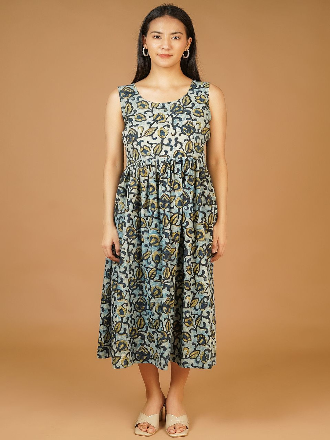 

INDOPHILIA Cotton Printed Fit & Flare Midi Dress, Blue