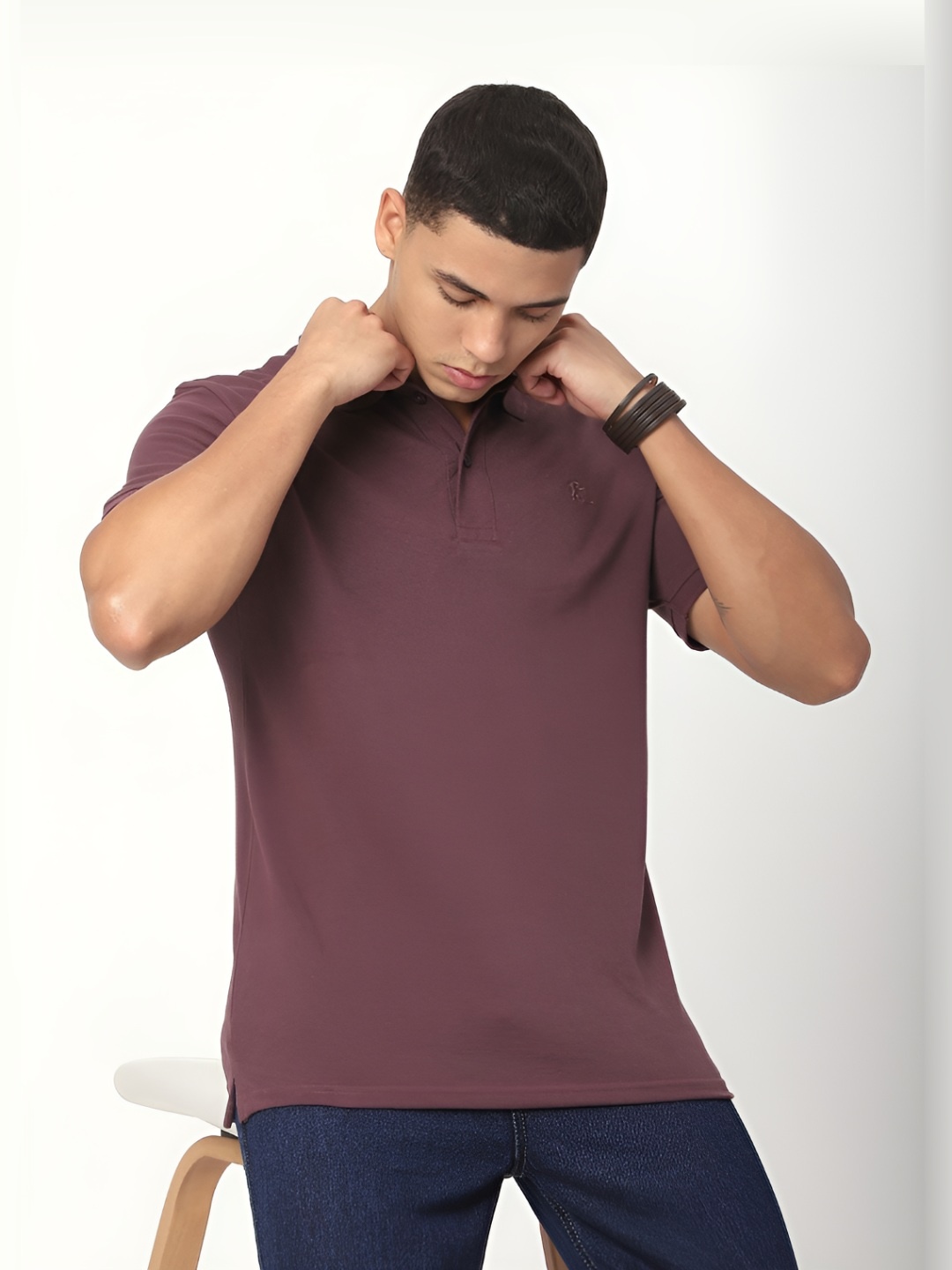 

R&B Men Polo Collar Pockets T-shirt, Burgundy