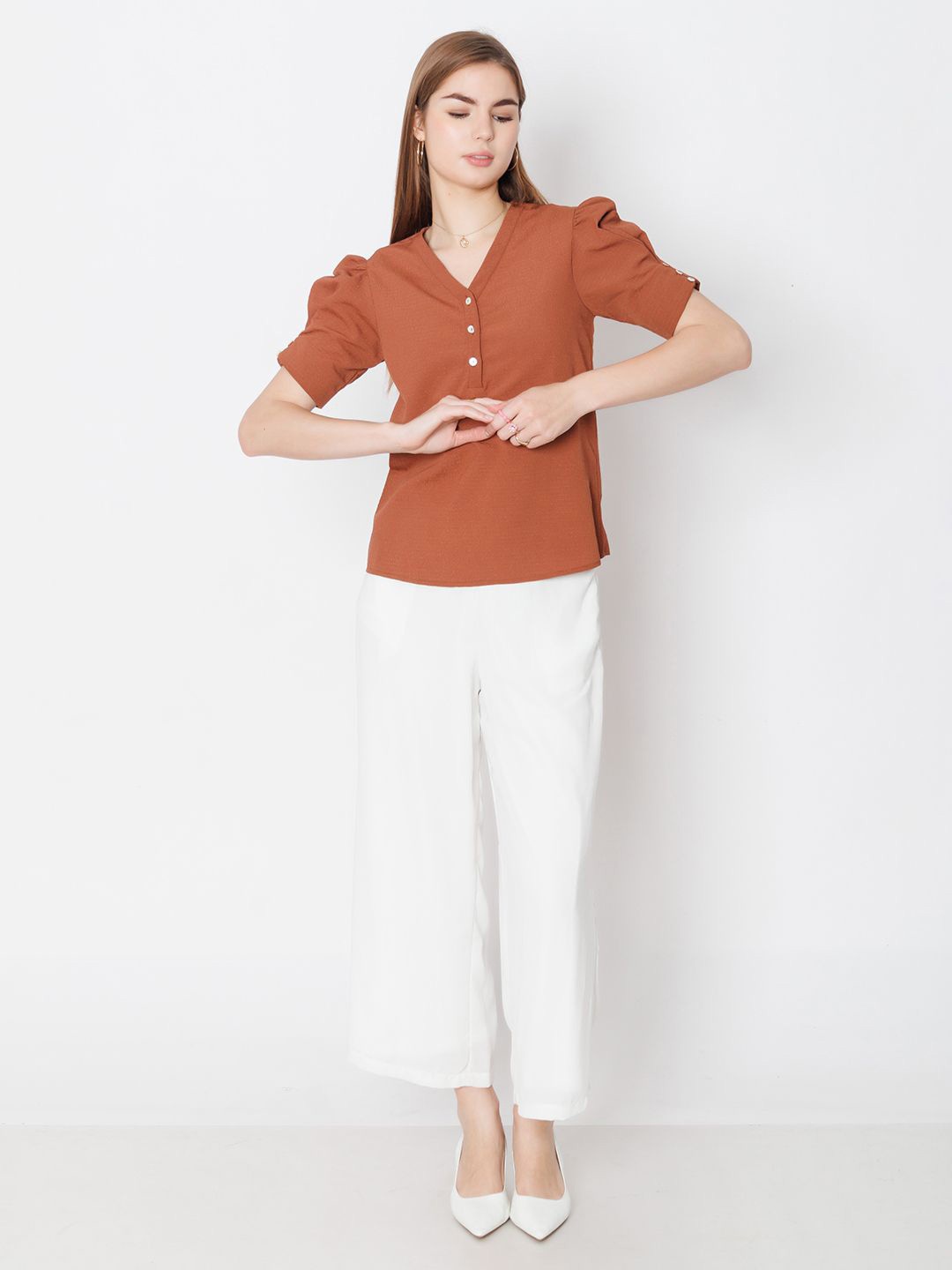 

Zink London V-Neck Puff Sleeves Top, Brown