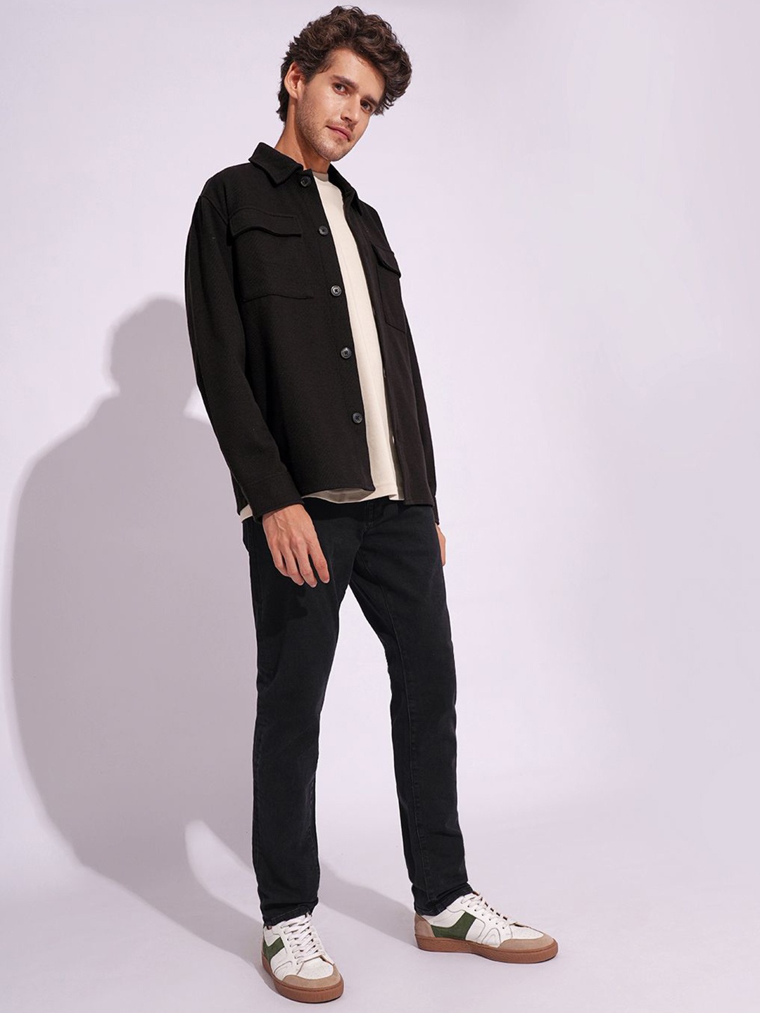 

SELECTED Men Spread Collar Solid Cotton Casual Shirt, Black