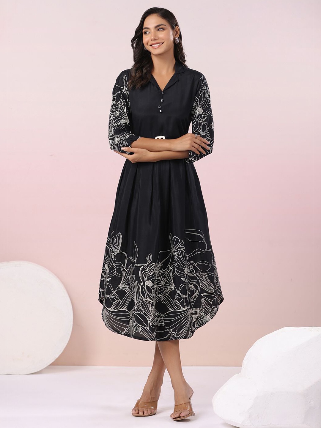 

JISORA Women Tropical Printed Fit & Flare Midi Dress, Black