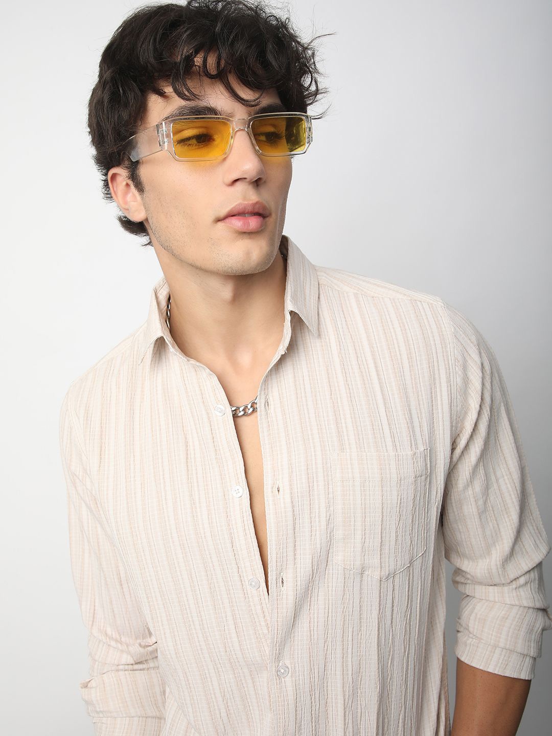 

VASTRADO Men Classic Spread Collar Textured Slim Fit Casual Shirt, Beige