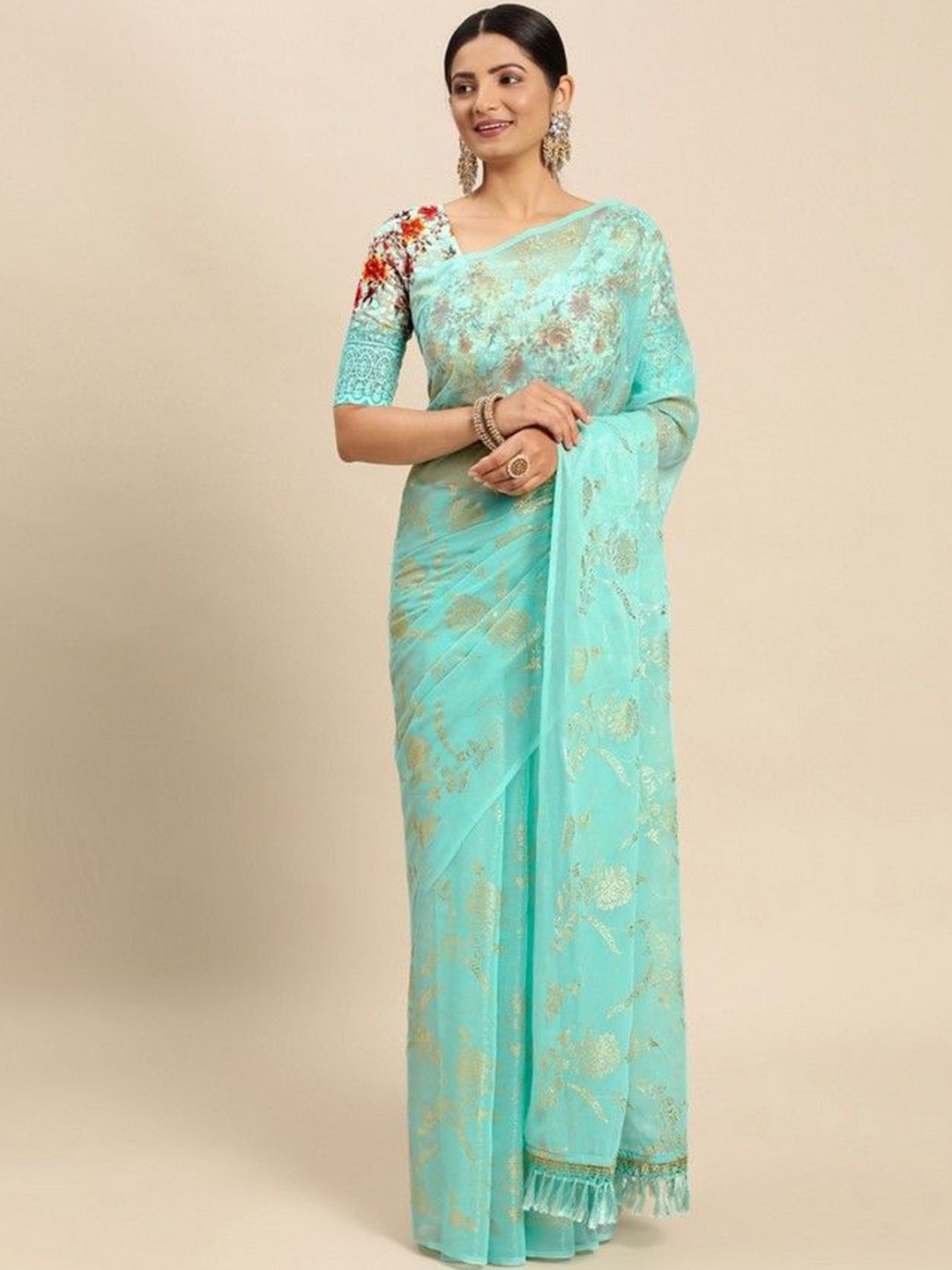 

DIVASTRI Floral Pure Chiffon Saree, Sea green