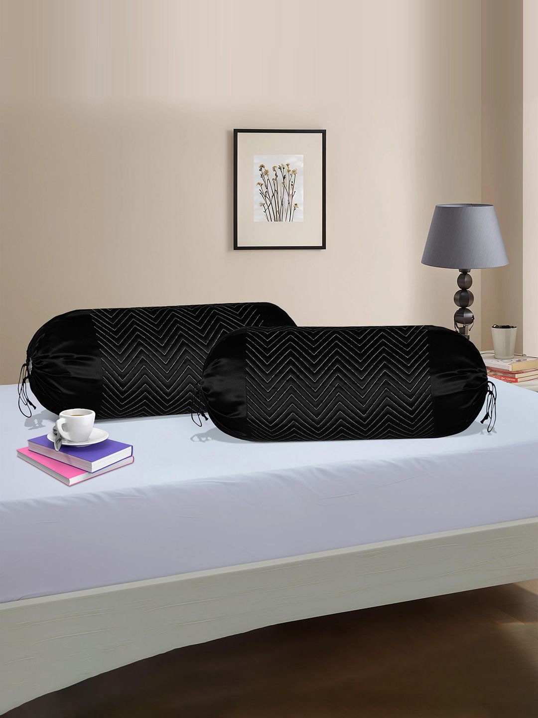 

Kuber Industries Black 2 Pieces Self Design Cotton Zig Zag Bolster Covers