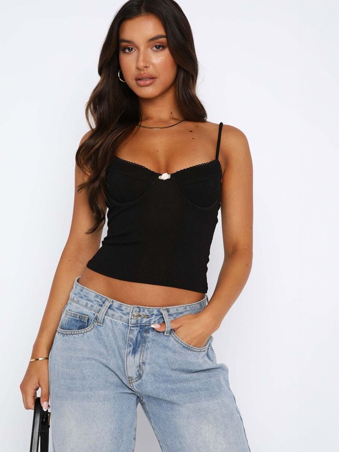 

LULU & SKY Shoulder Straps Fitted Crop Top, Black