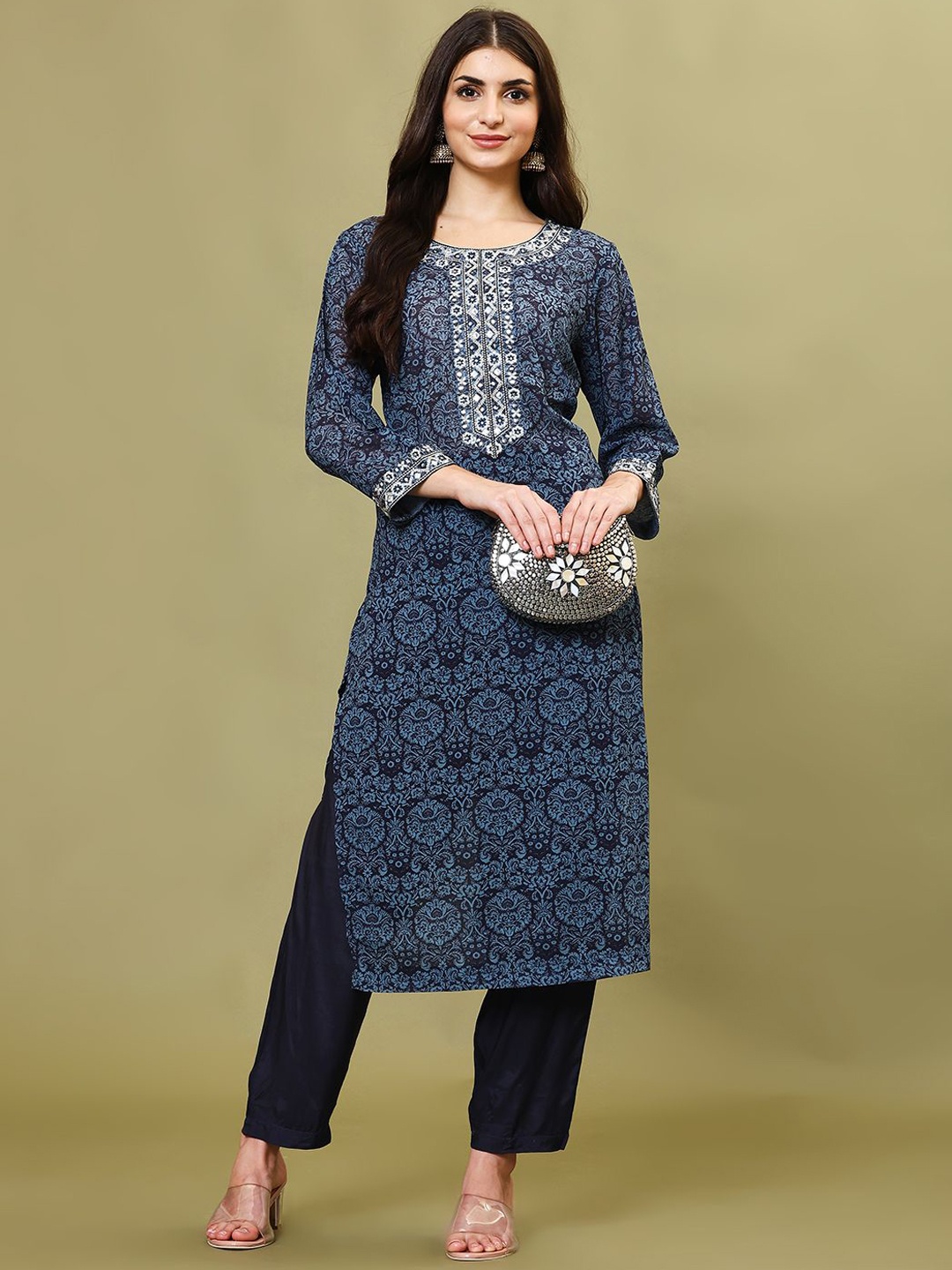 

Meena Bazaar Ethnic Motifs Printed Thread Work Kurta with Trouser, Blue