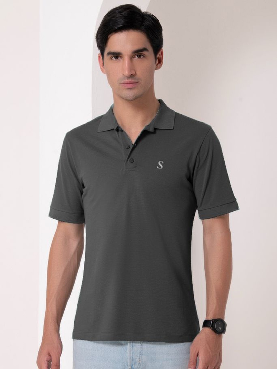 

HOUSE OF S Men Polo Collar Regular Sleeves Regular Fit Cotton T-shirt, Grey