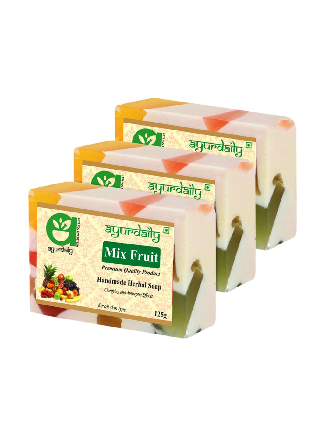 

Ayurdaily Set Of 3 Natural Mix Fruit Herbal Soap - 125 g Each, White