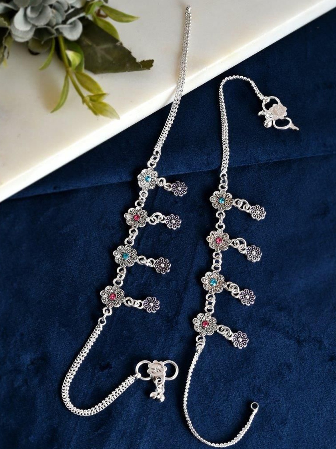 

VOJ Silver Plated Stainless Steel Flower Shaped Stone Studded Meenakari Anklets