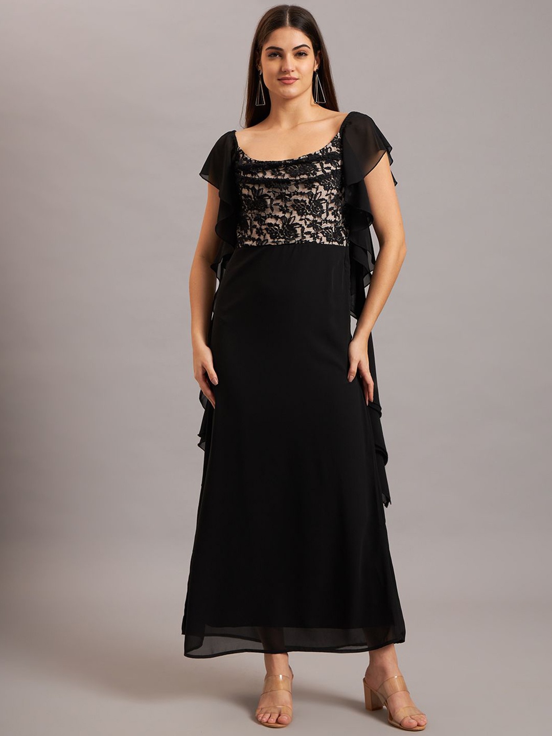 

Eavan Women Embroidered Georgette Maxi Dress, Black