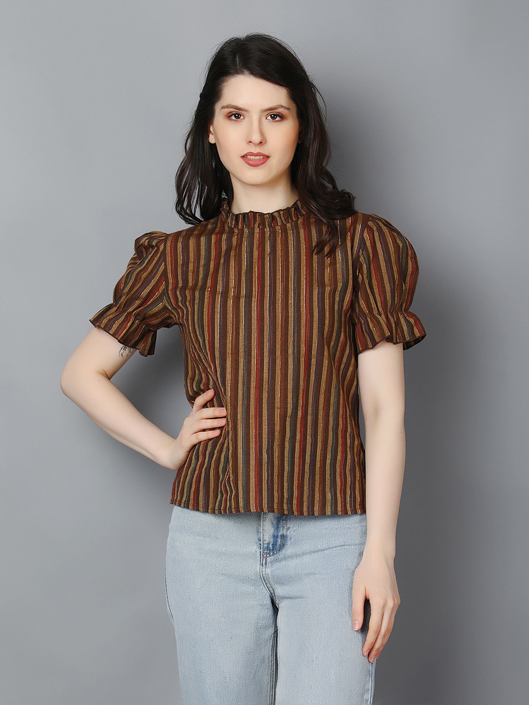 

Zuvino Women Striped Puff Sleeve Ruffles Blouson Top, Brown