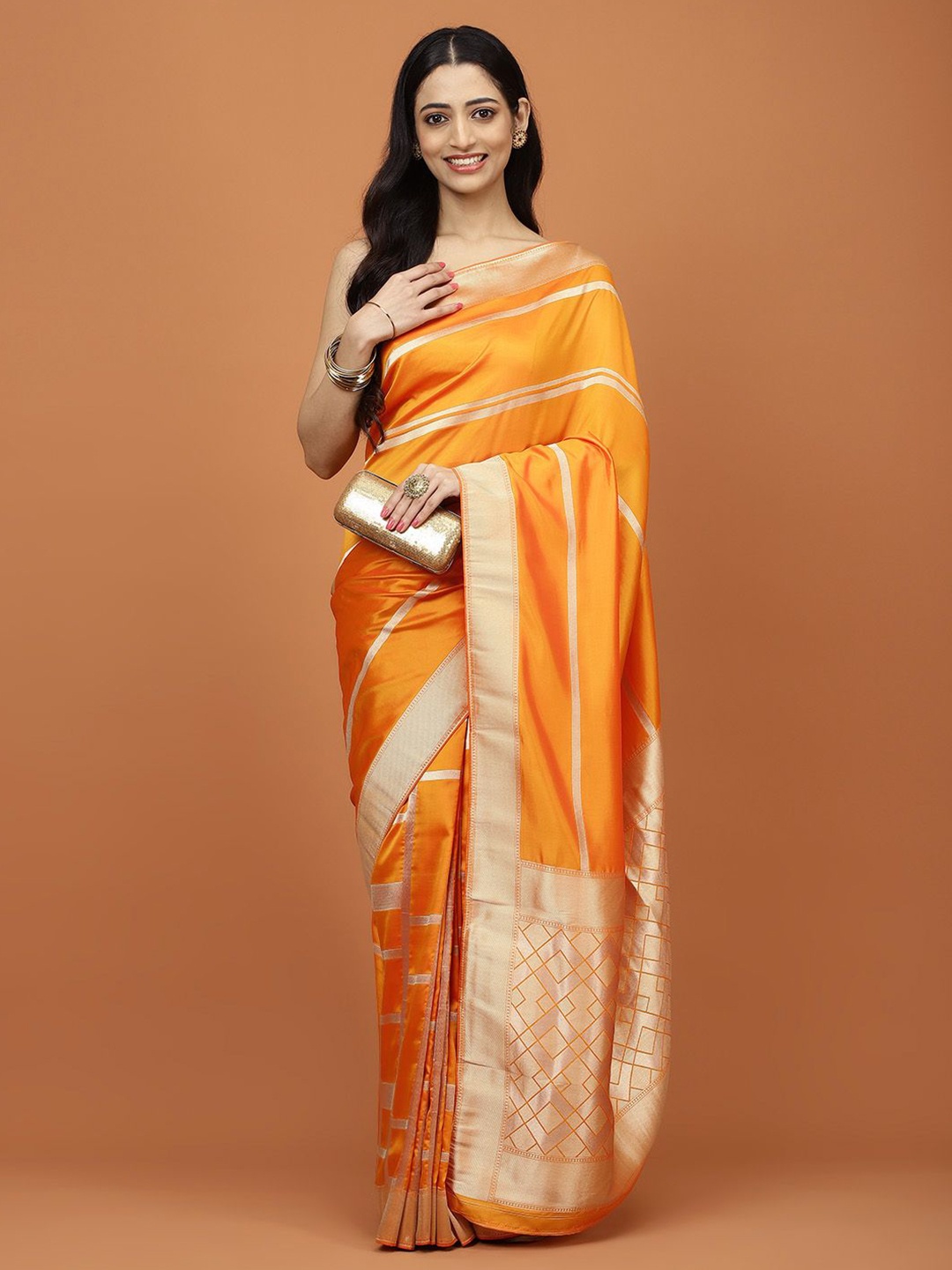 

Meena Bazaar Striped Woven Design Banarasi Saree, Orange