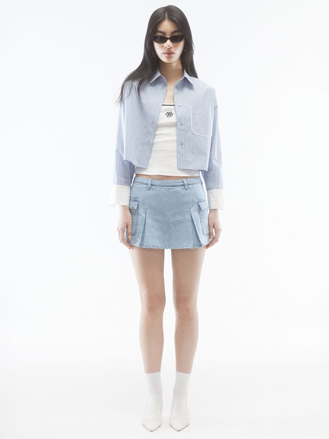 

LULU & SKY Women Spread Collar Vertical Striped Boxy Casual Shirt, Blue