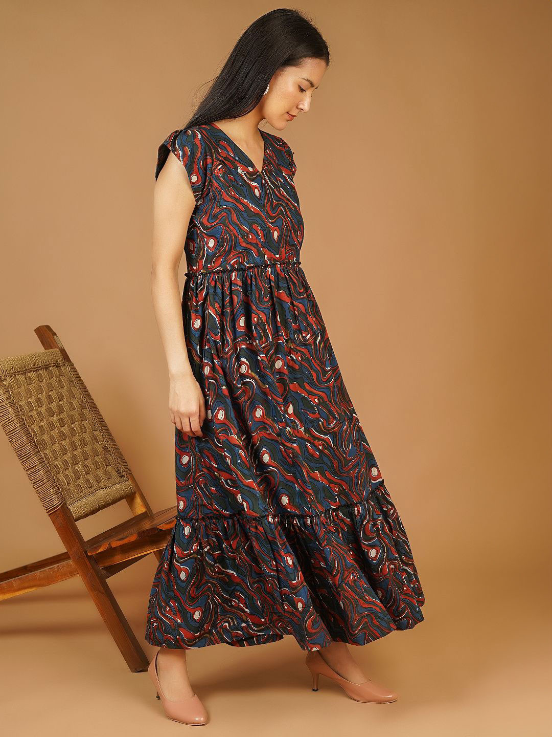

INDOPHILIA Women Abstract Printed Cotton Midi Dress, Red