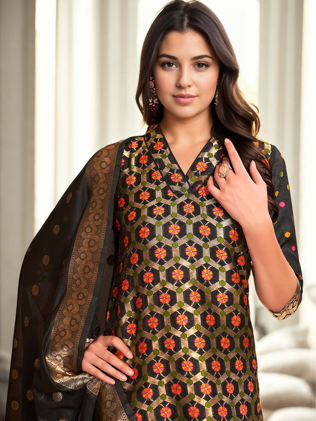 

Anouk Black Woven Design Chanderi Silk Straight Kurta With Trousers & Dupatta