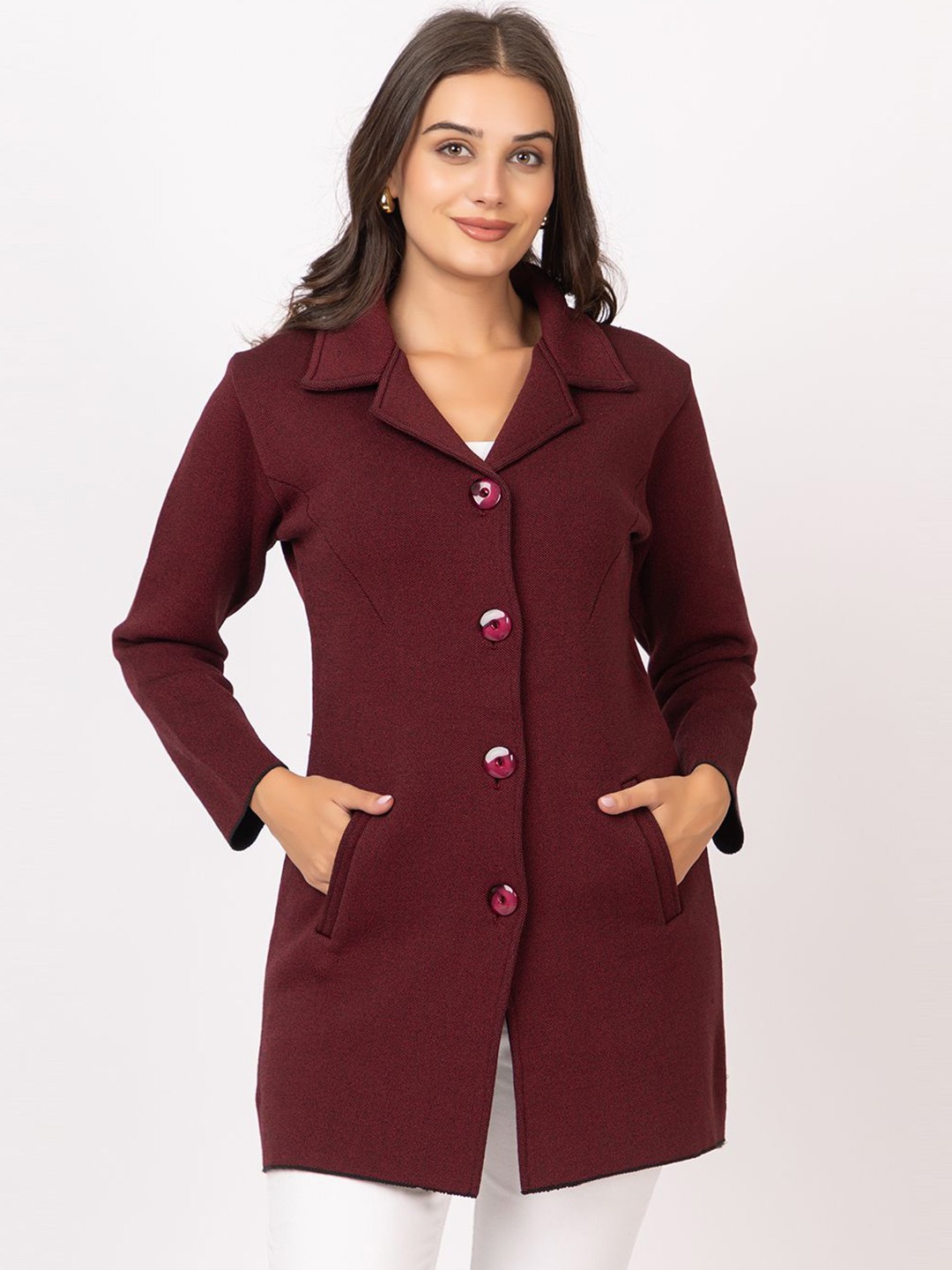

TWENTY ME Women Self Design Lapel Collar Long Sleeves Longline Cardigan, Maroon