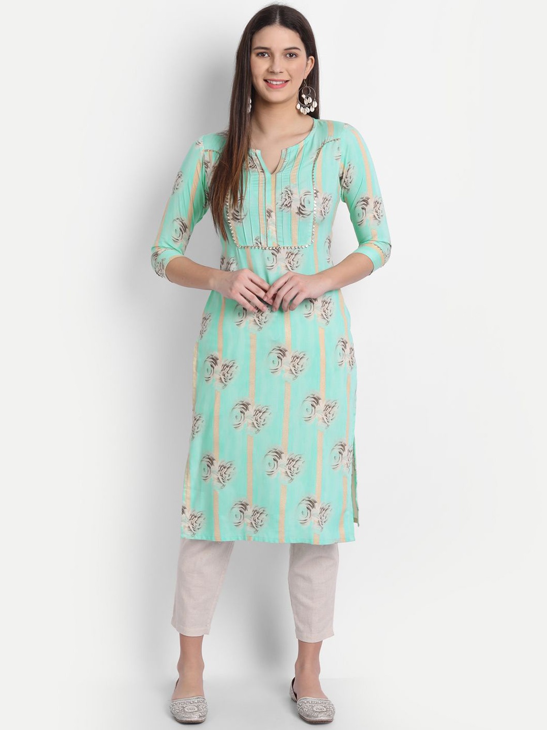 

SAHASIKA Floral Printed Round Neck Three-Quarter Sleeves Regular Straight Kurta, Sea green