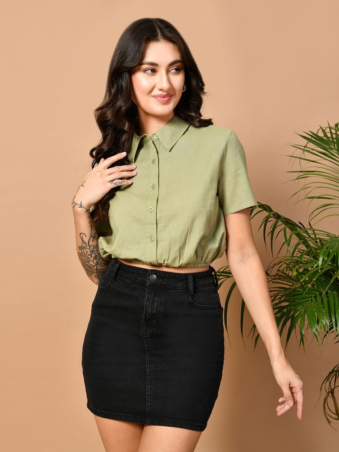 

PRETTY LOVING THING Women Cotton Shirt Style Crop Top, Green