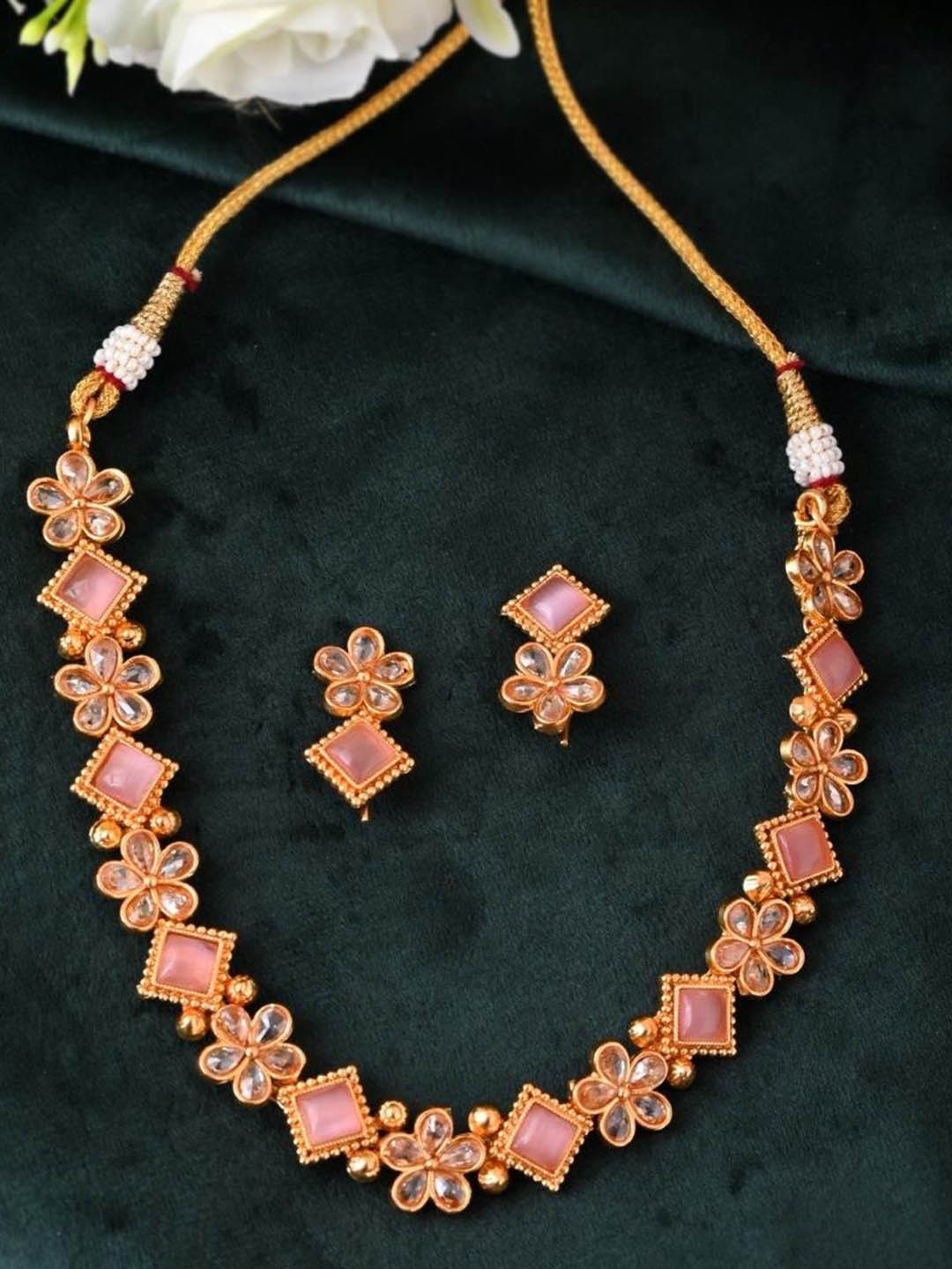 

VOJ Gold-Plated Stainless Steel Kundan Stones-Studded & Beaded Jewellery Set