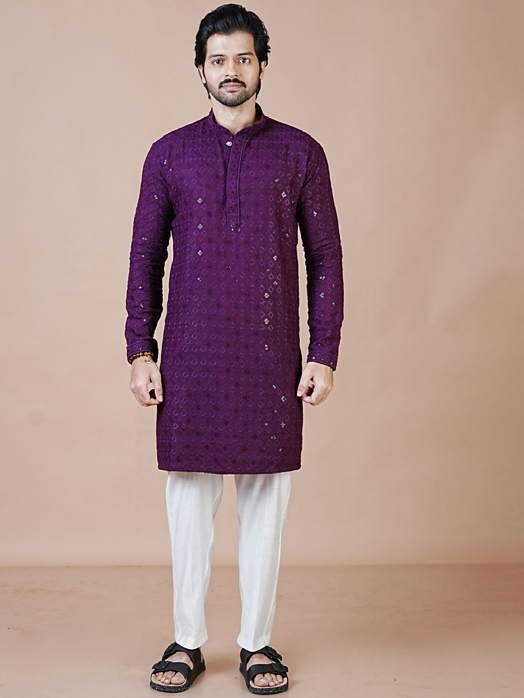 

ARYA Embellished Embrodiered Mandarin Collar Straight Kurta, Purple