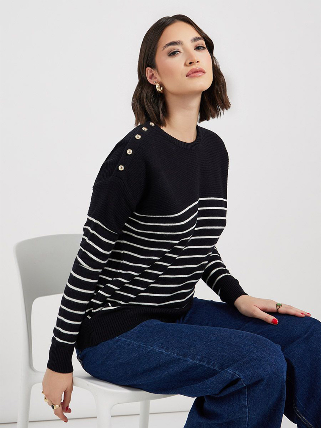 

Styli Women Boxy Fit High Neck Regular Length Stripe Sweater, Black