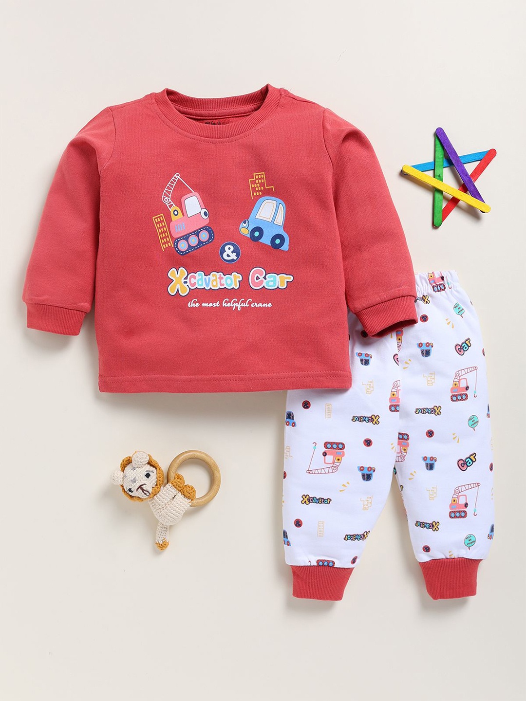 

Redden Kids Printed Round Neck Long Sleeves Pure Cotton T-Shirt With Jogger, Rust