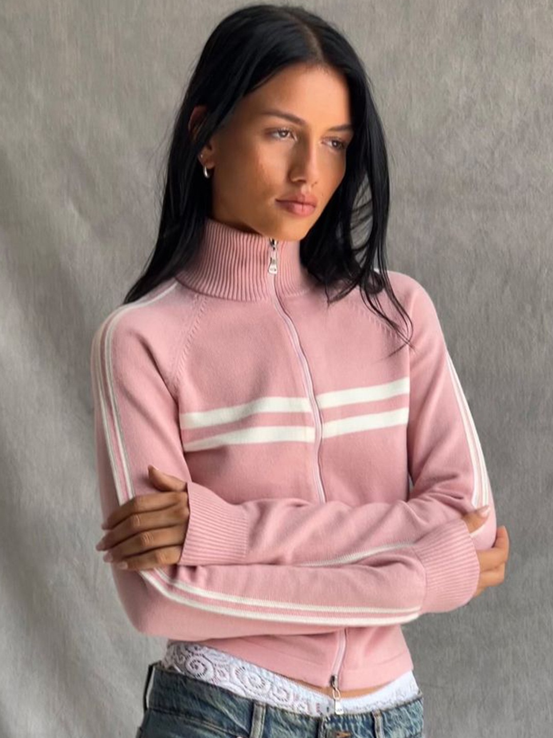 

LULU & SKY Women Mock Collar Striped Casual Sporty Jacket, Pink
