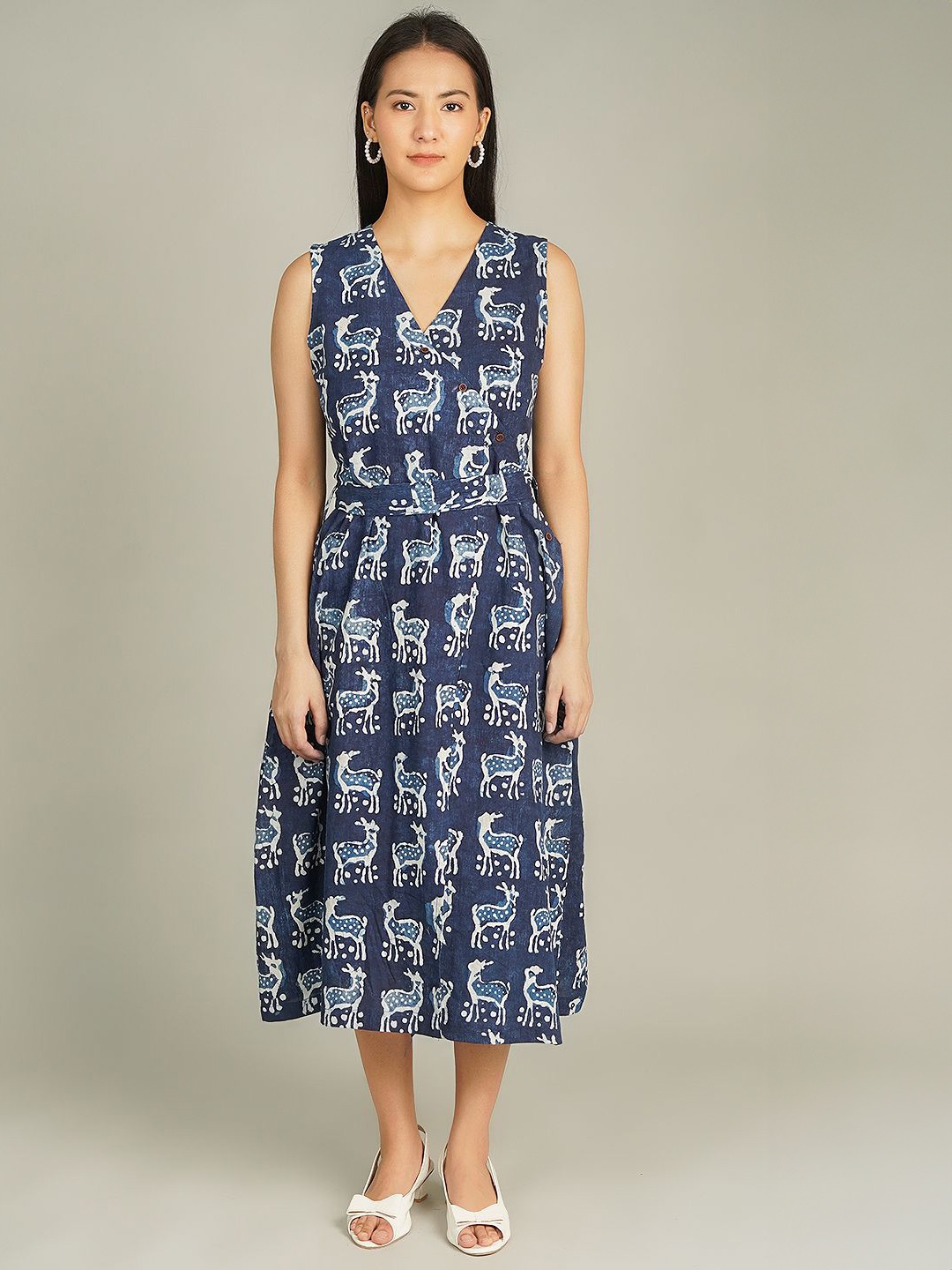 

INDOPHILIA Women Cotton Ethnic Motifs Printed Wrap Midi Dress, Blue