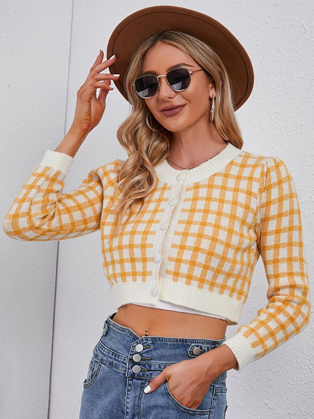 

LULU & SKY Women Checked Crop Cardigan, Yellow