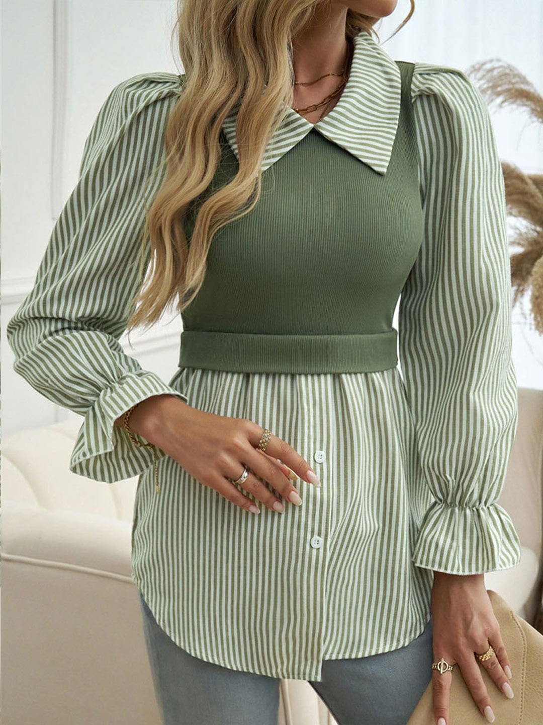 

StyleCast Women Striped Bell Sleeve Top, Green
