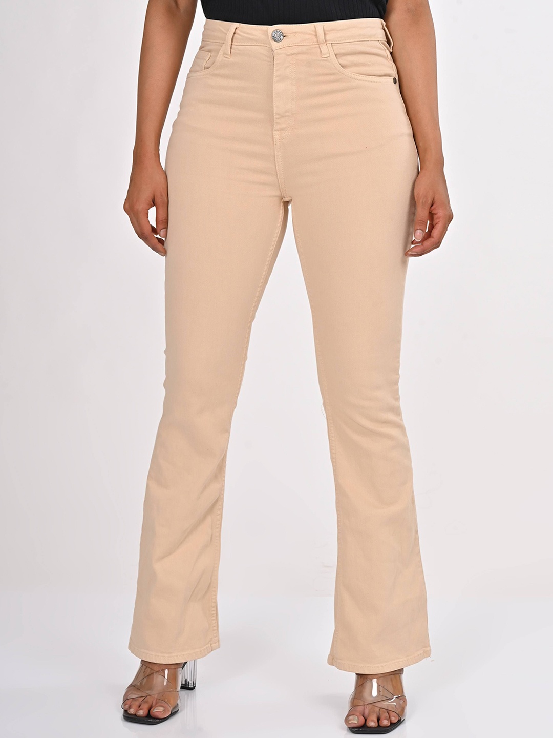 

URBAN POCHE Women Cotton Bootcut High-Rise Jeans, Beige