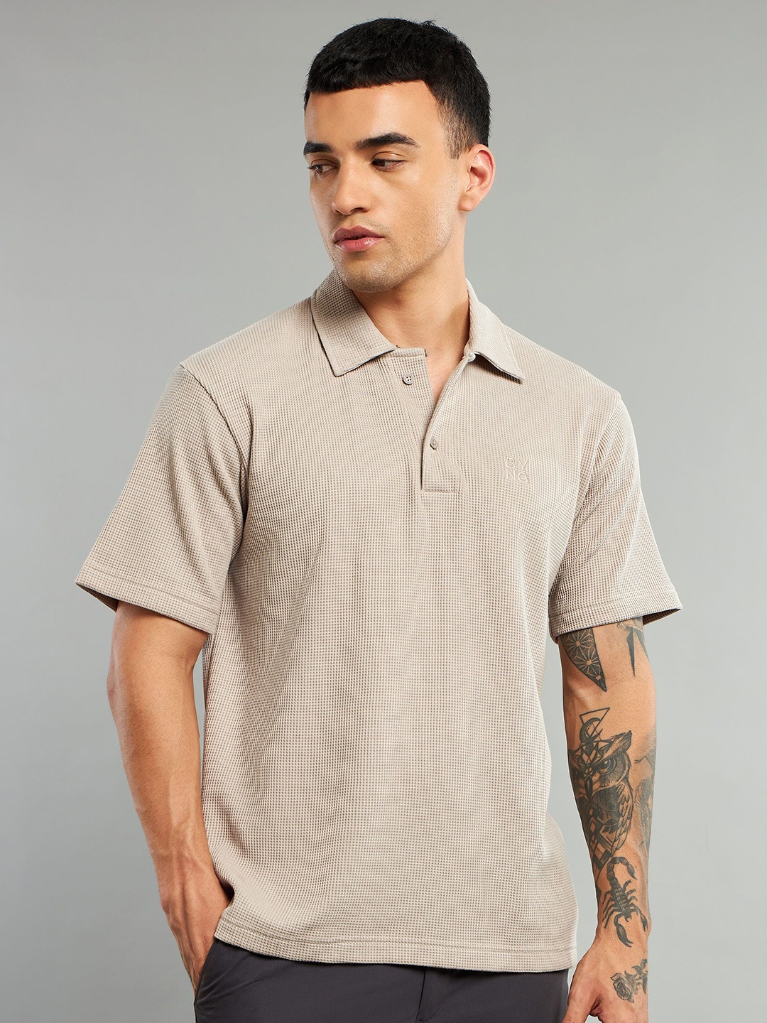 

Beyoung Men Solid Polo Collar Cotton T-shirt, Beige