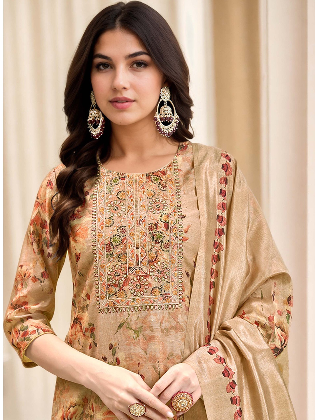 

Anouk Beige Floral Embroidered Sequinned Chanderi Silk Kurta With Trousers & Dupatta