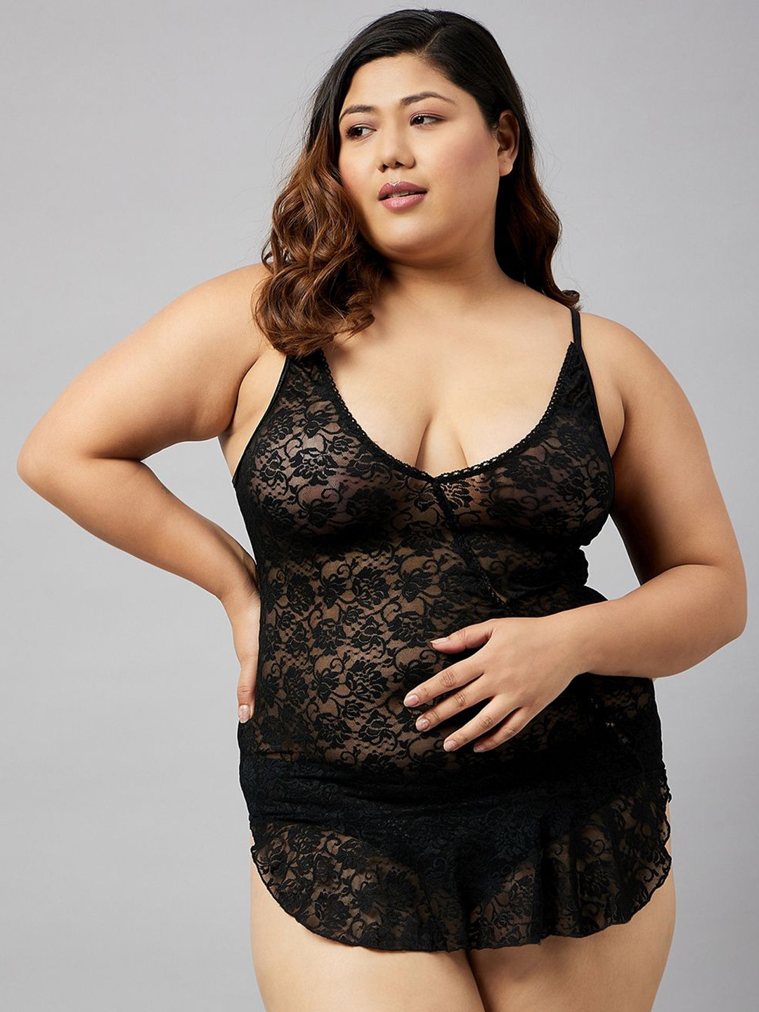 

Curves By ZeroKaata Women Plus Size Self Design Lace Baby Doll With Thong Briefs, Black