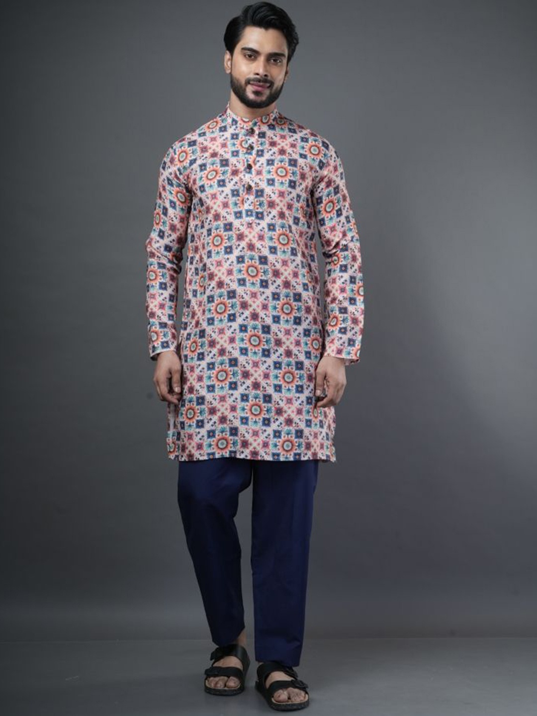 

ARYA Mandarin Collar Ethnic Motifs Printed Linen Straight Kurta, Blue