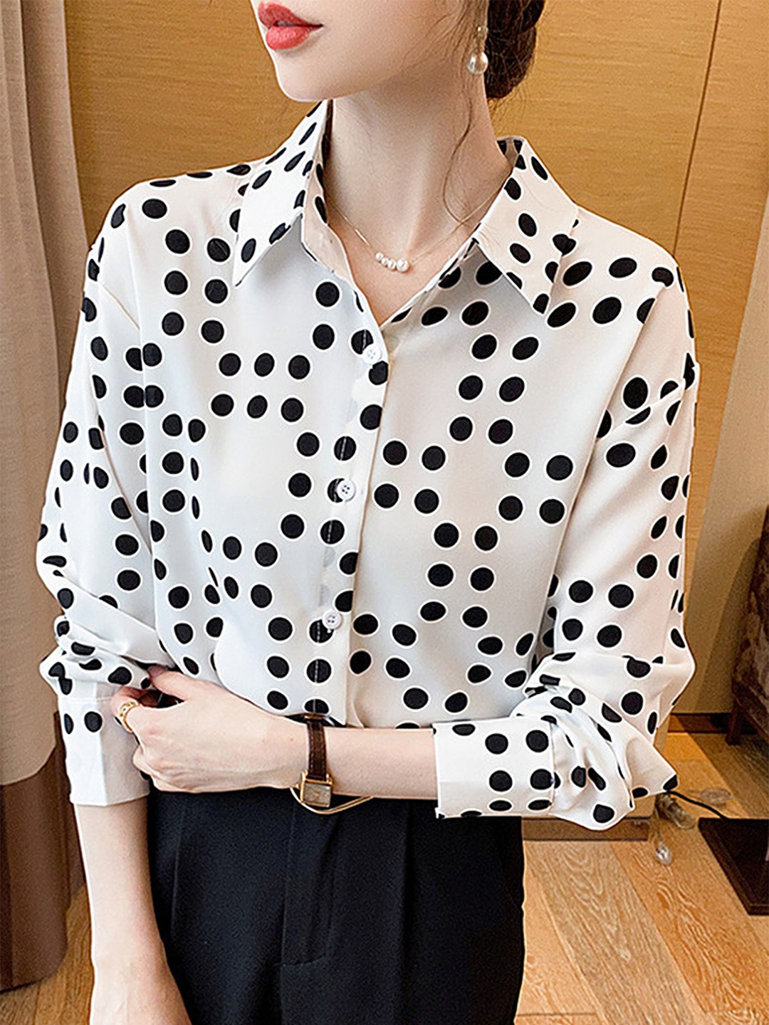 

LULU & SKY Women Spread Collar Polka Dots Printed Casual Shirt, White