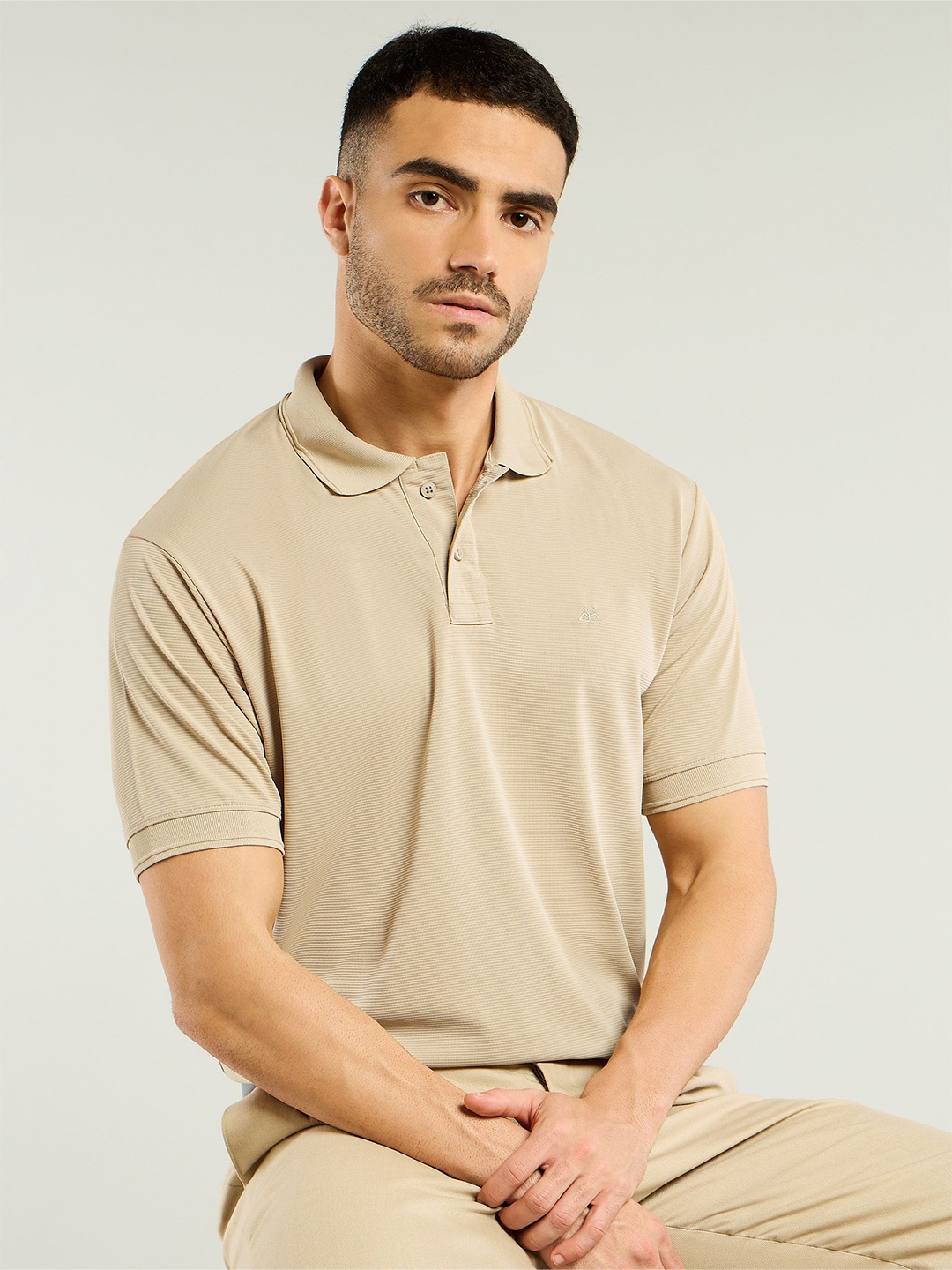 

Beyoung Men Solid Polo Collar Cotton T-shirt, Beige