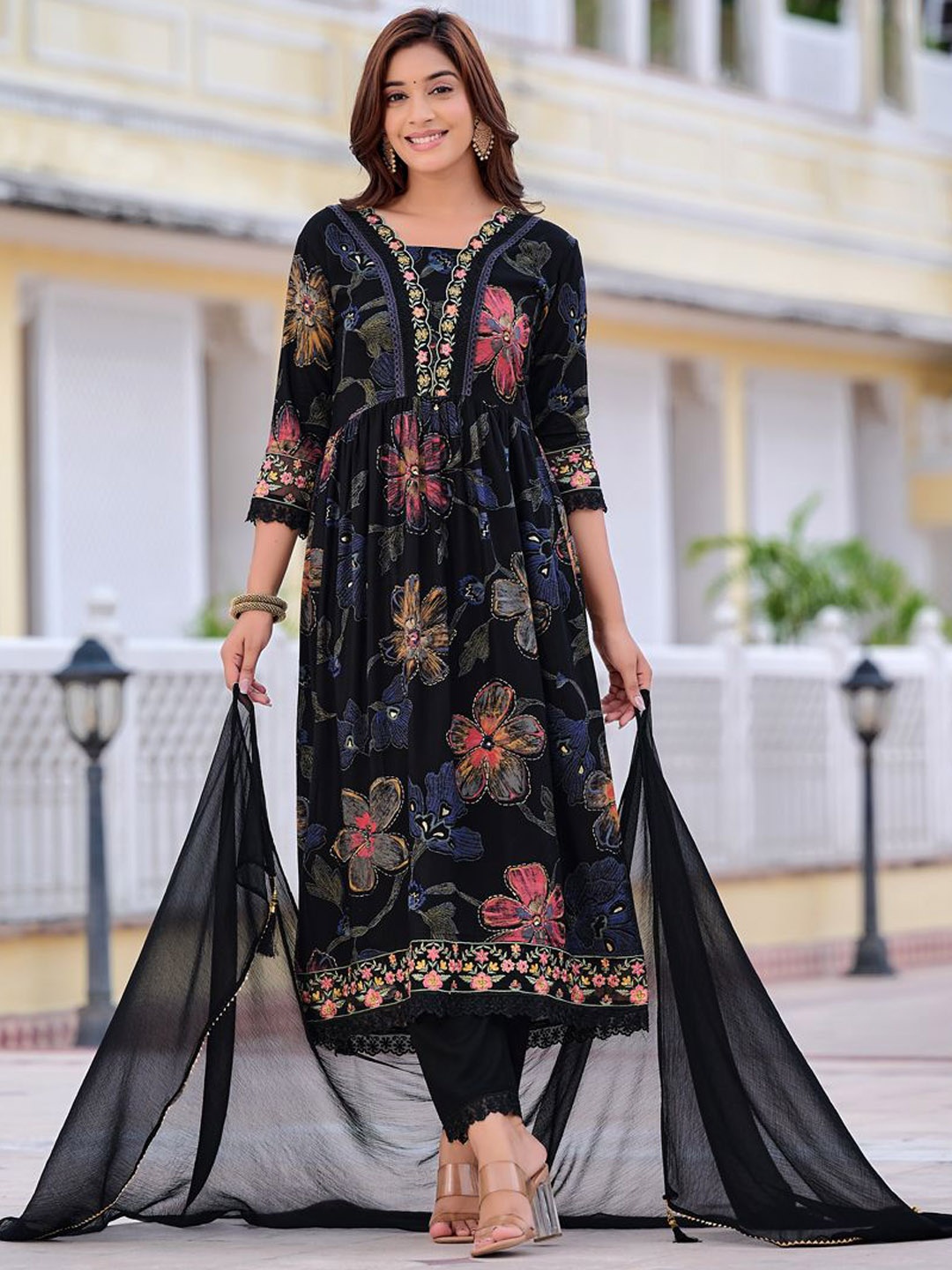 

KALINI Floral Printed V-Neck Thread Work Anarkali Kurta With Trousers & Dupatta, Black