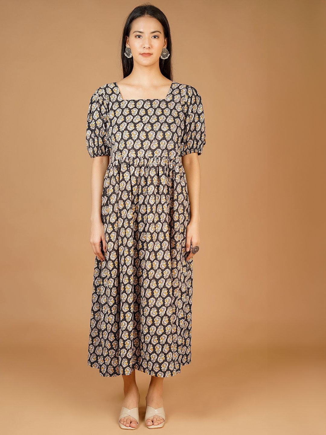 

INDOPHILIA Women Cotton Ethnic Motifs Printed Puff Sleeves A-Line Midi Dress, Black