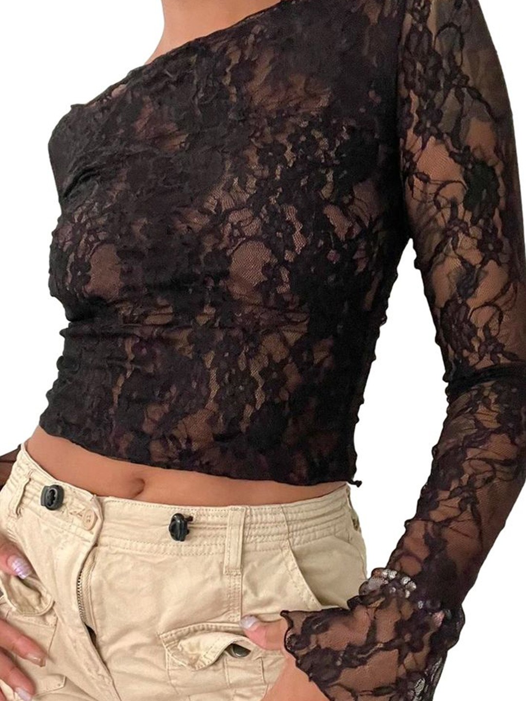

LULU & SKY Women Sheer Floral Lace Top, Black