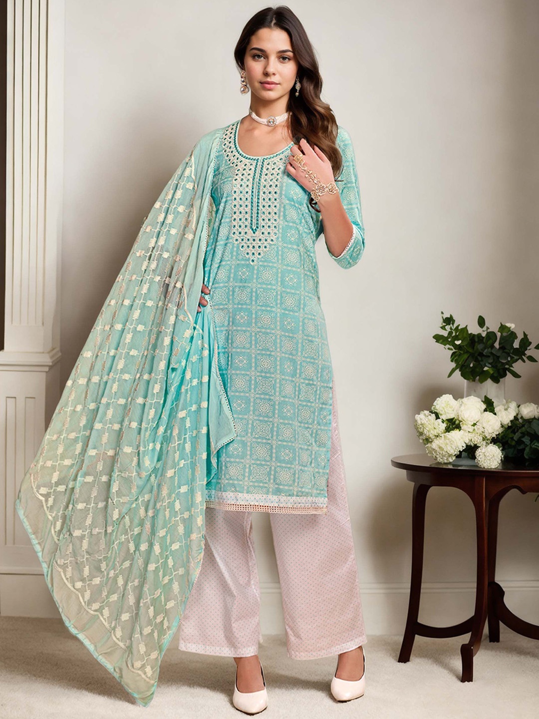 

Anouk Blue Ethnic Motifs Printed Sequinned Straight Kurta With Trouser & Dupatta