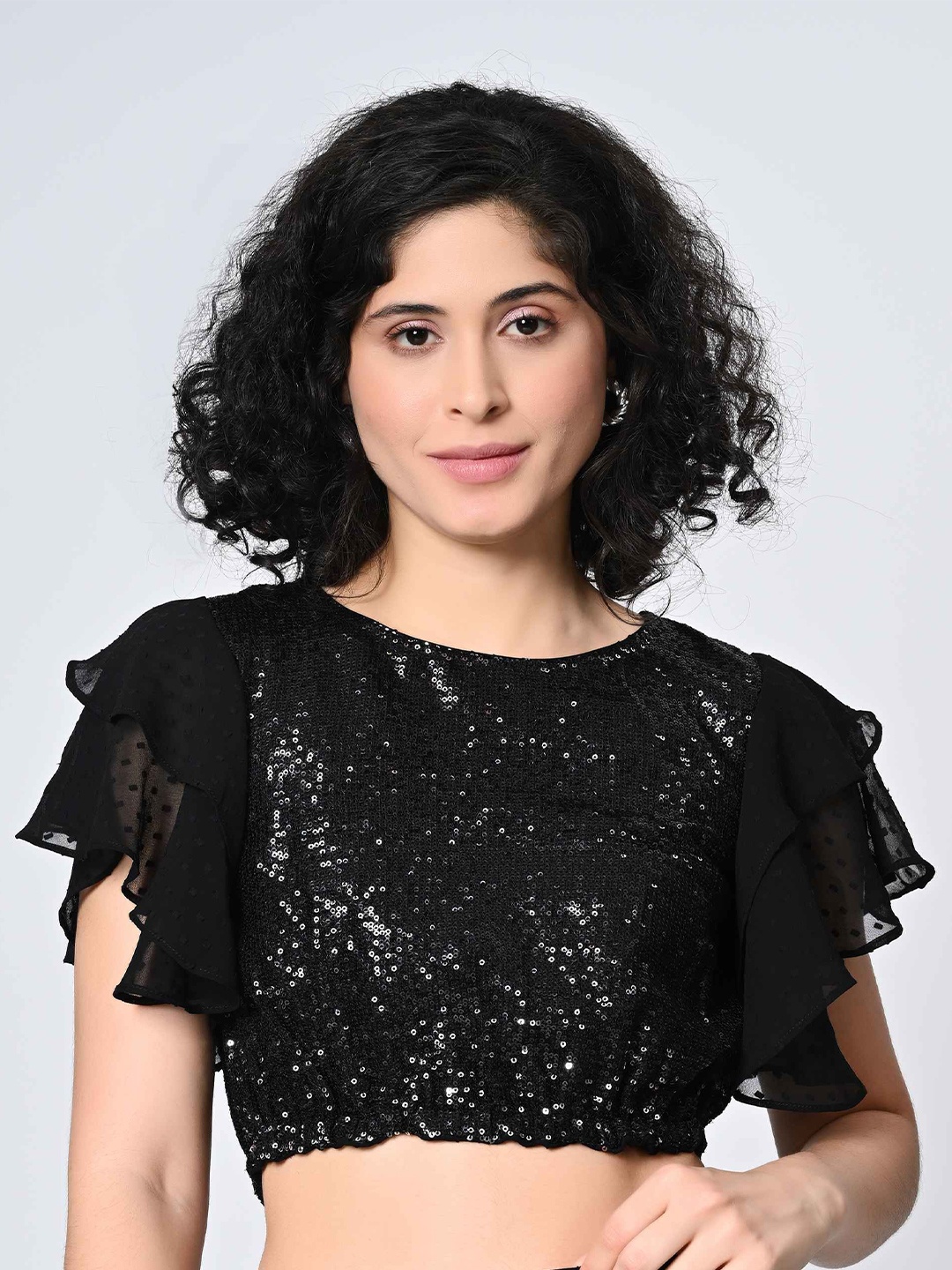

ALL WAYS YOU Women Embellished Flutter Sleeves Crop Top, Black