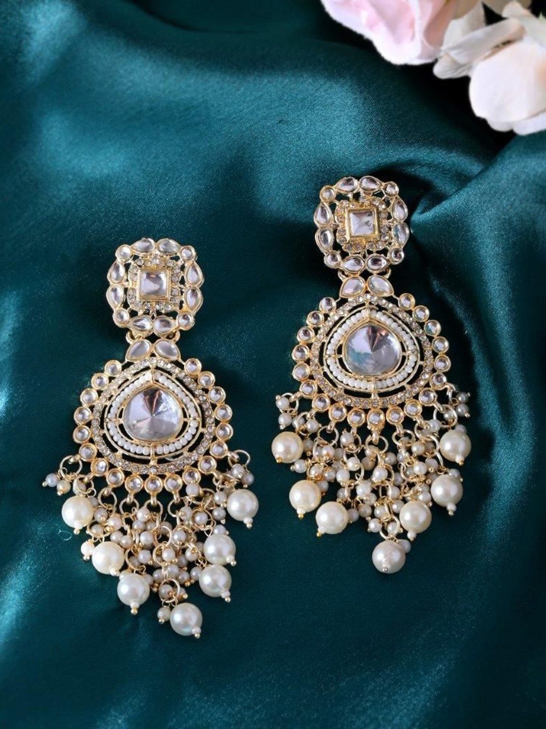 

VOJ Gold-Plated Stainless Steel Circular Kundan Stone Studded & Beaded Drop Earrings