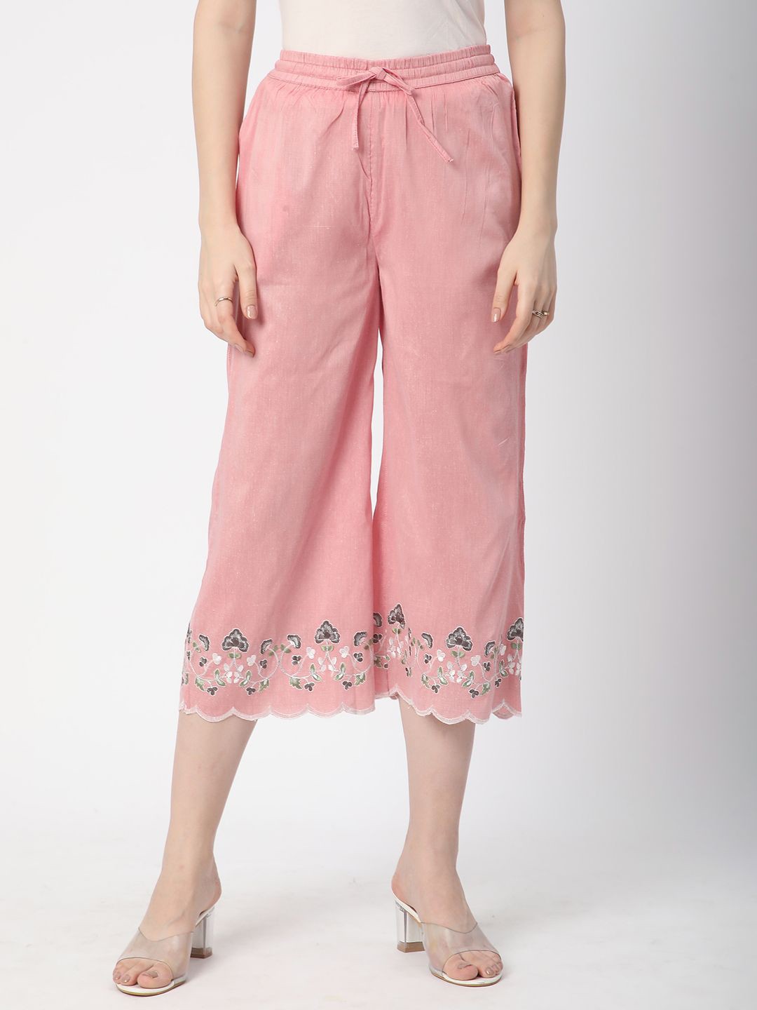 

R&B Women Floral Embroidered Cropped Palazzos, Pink
