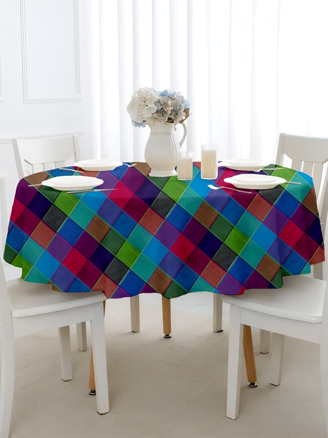 

Lushomes Blue Geometric Printed Cotton Round 4-Seater Table Cover