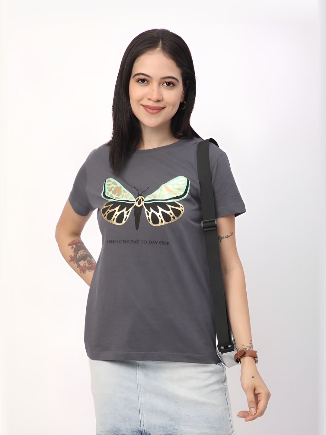 

R&B Women Typography Printed Round Neck Cotton T-shirt, Grey