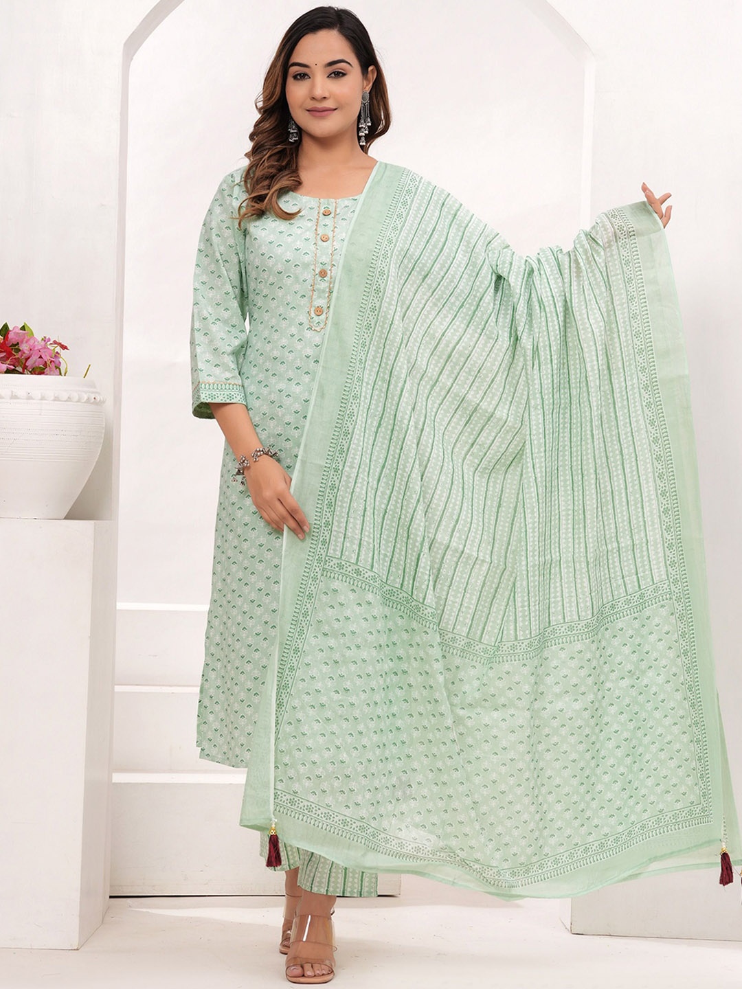 

VASUPRADA Floral Gotta Patti Printed Pure Cotton Straight Kurta With Trousers & Dupatta, Sea green