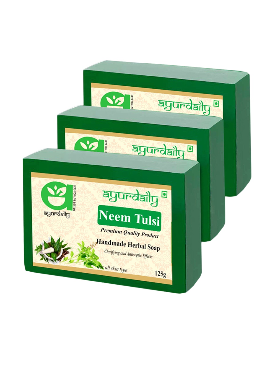 

Ayurdaily Set Of 3 Natural Neem Tulsi Herbal Soap - 125 g Each, Green