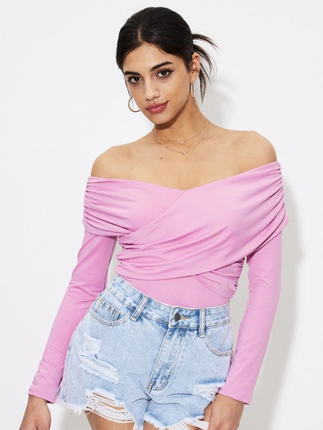 

LULU & SKY Women Off-Shoulder Long Sleeves Bardot Top, Pink