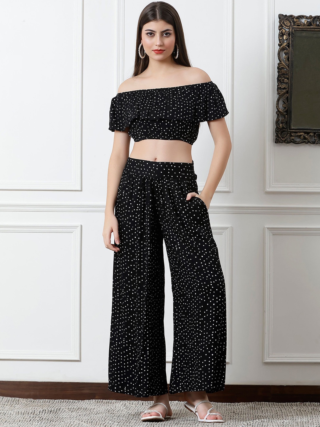 

DEBONATELLA Polka Dot Printed Off-Shoulder Neck Short Sleeves Top & Palazzo, Black